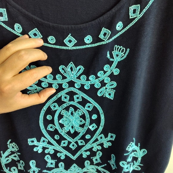 New Talbots Embellished Top cotton beaded navy blue turquoise tunic coastal 3X - Picture 10 of 16